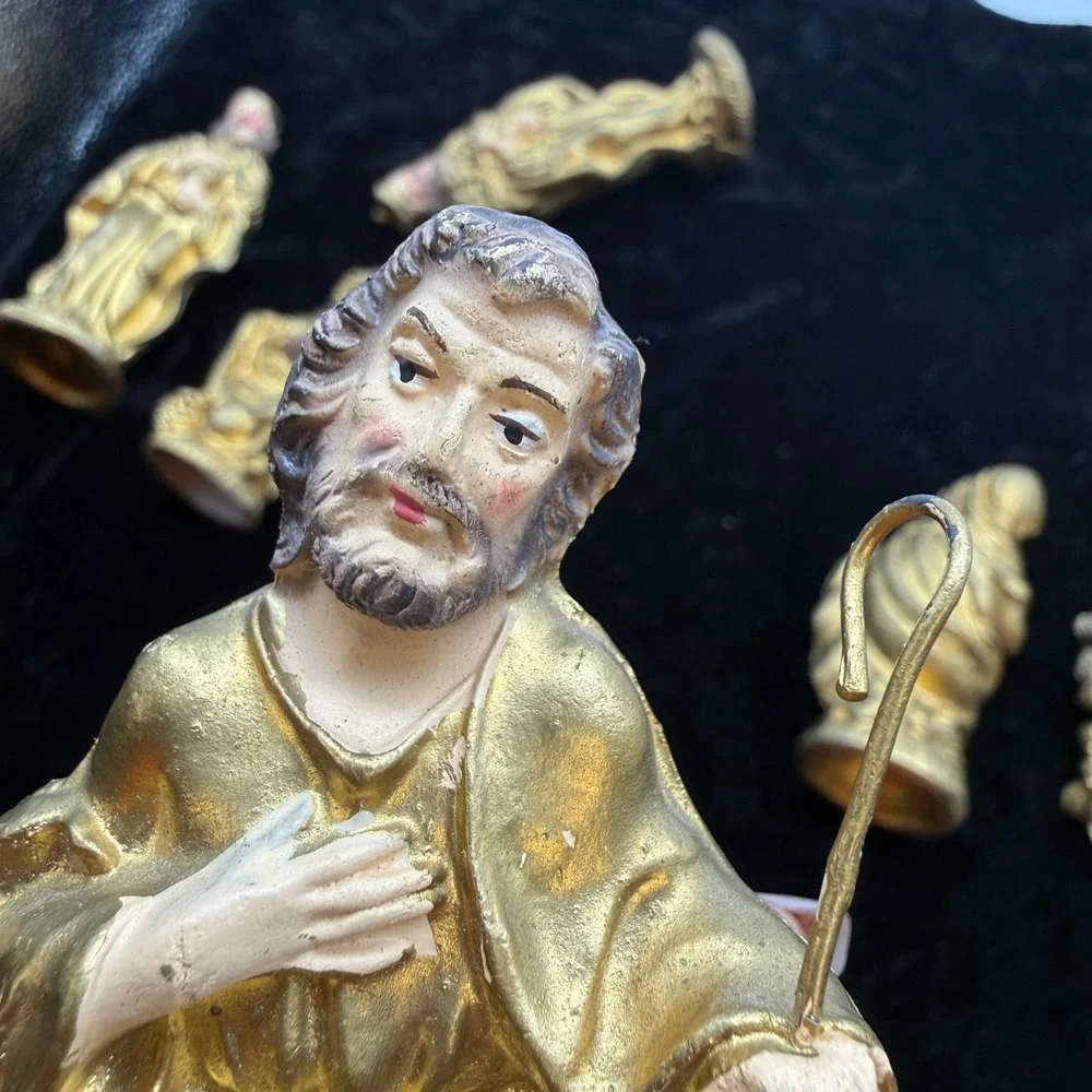 Vintage Gold Nativity Set 11 Piece Made in Italy hand painted Christmas MCM art